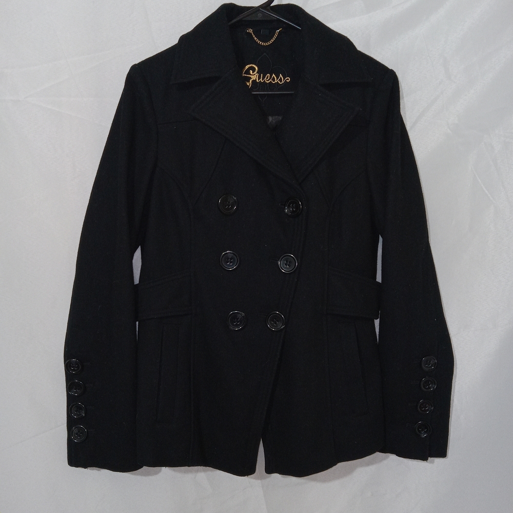 GUESS Jacket Womens Medium Double Breasted Wool Blend Pea Coat Preppy Vintage